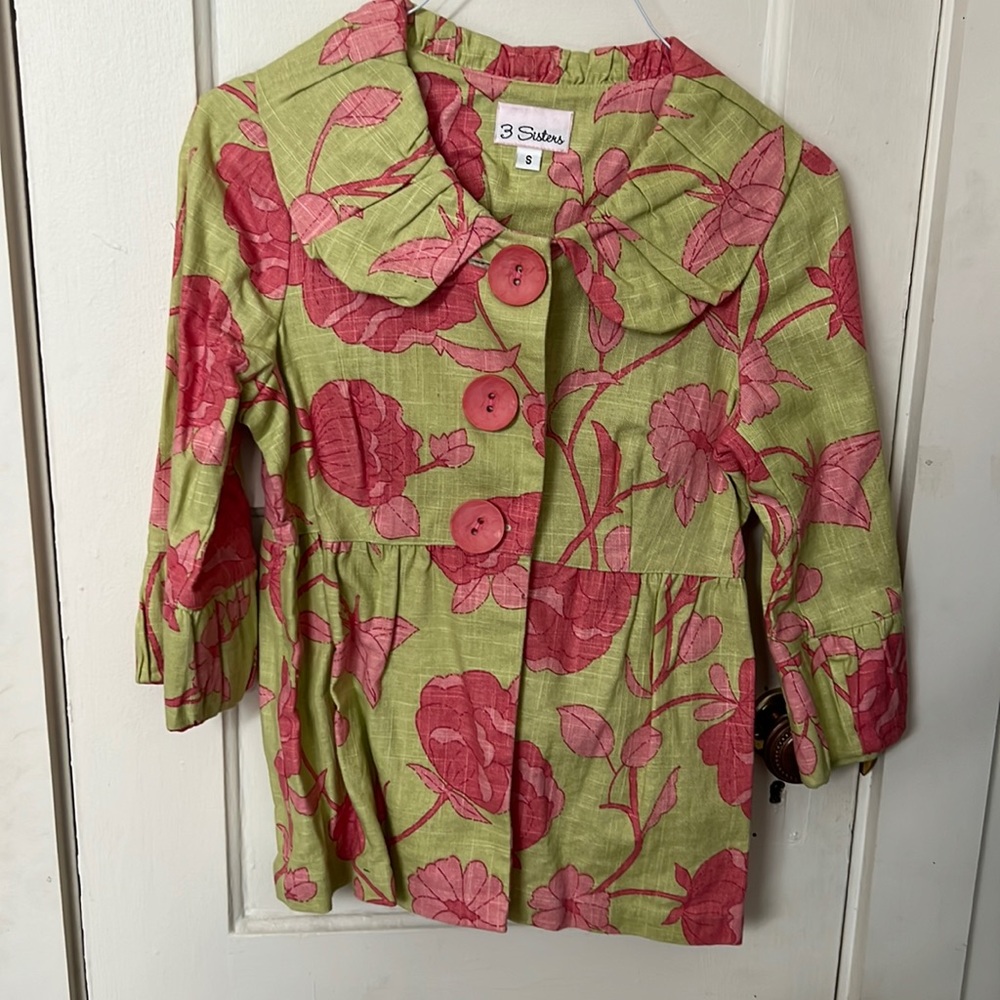 Pink and green floral 3 sisters linen blazer jacket